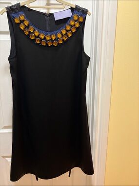 Vera Wang Lavender Label Black Midi Shift Dress with Amber Jewel Collar